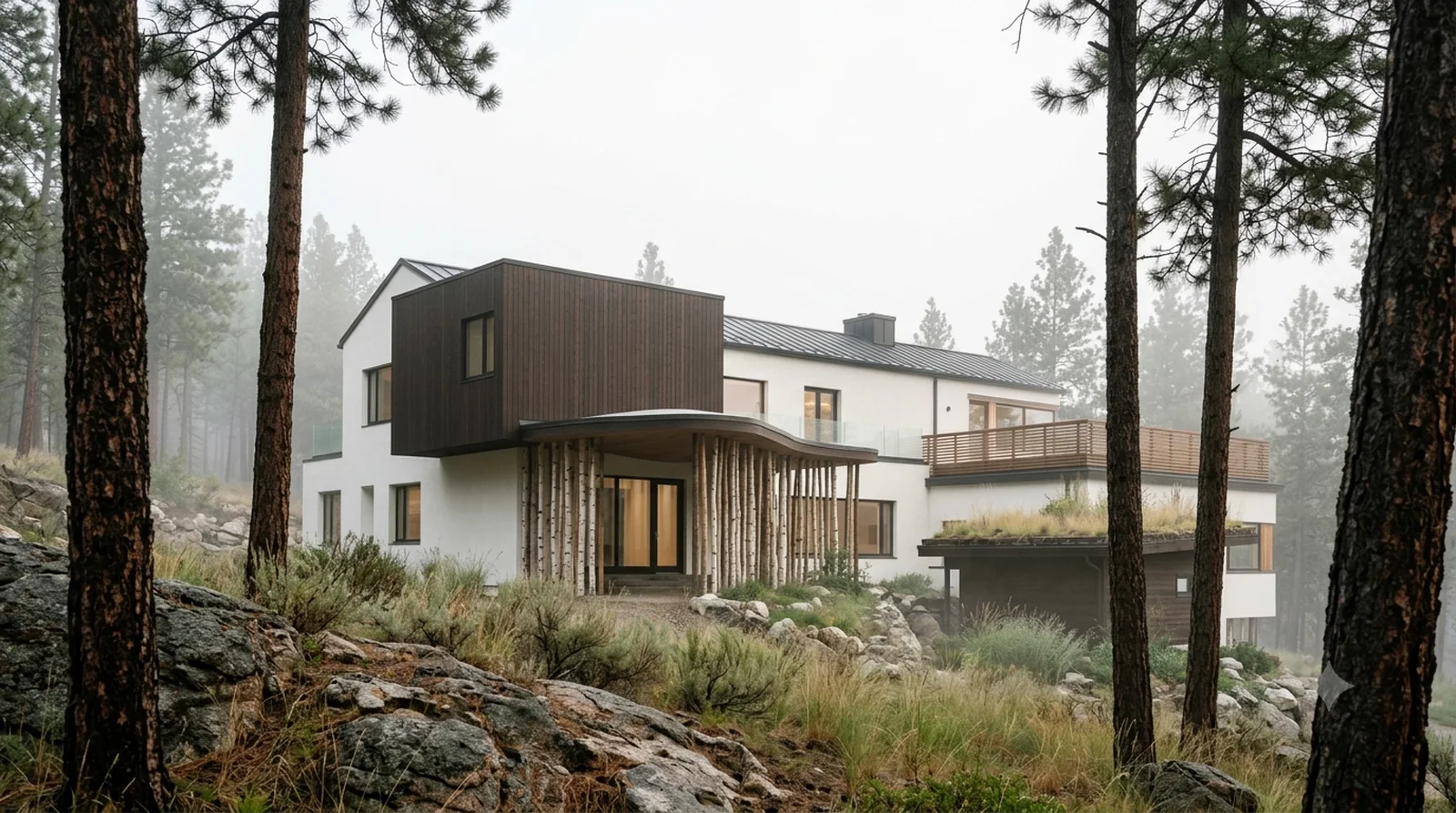 Villa Mairea — Aalto, 1939: birch pole screens and the floating studio, soft mist morning on a Wilden slope.