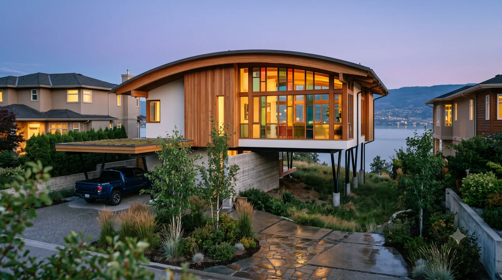 The Rainbow House — John Lautner's lesser-known Garcia House reimagined in the Okanagan — a sweeping curved arched roof lifted on slender angled stilts over the slope, a wall of rainbow coloured-glass panels glowing at dusk, warm cedar and a green-roof carport, built warm over the lake