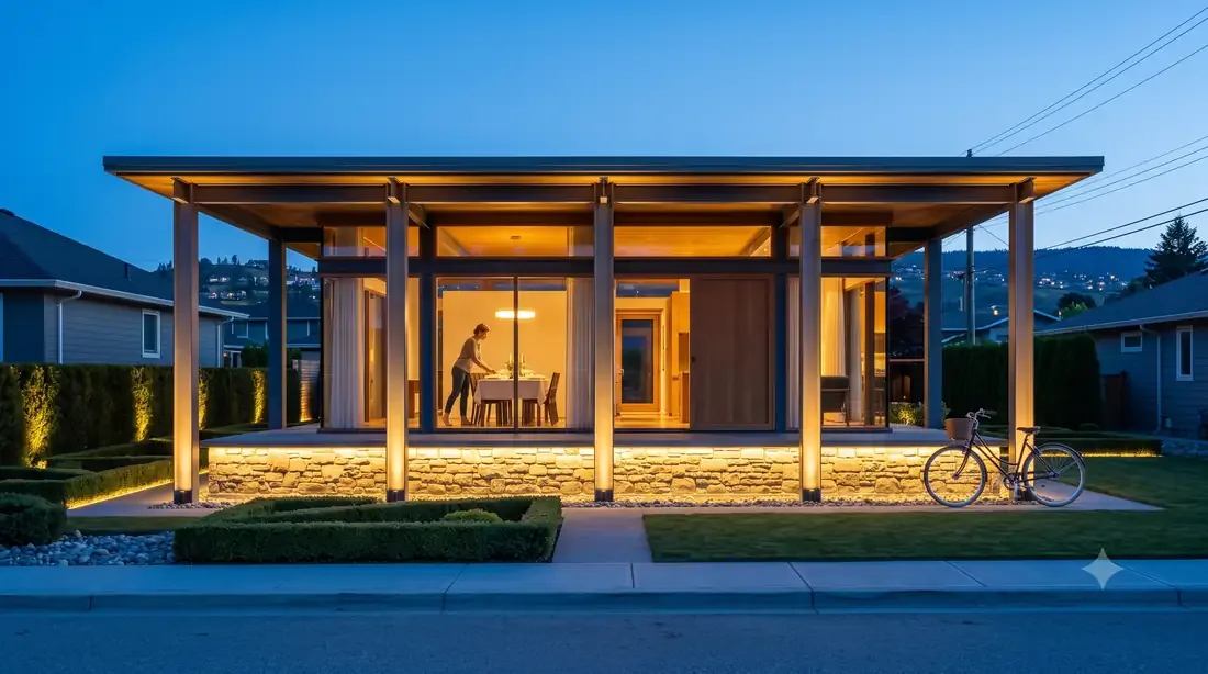 Miller House — blue hour — colonnade uplighting, dinner being set