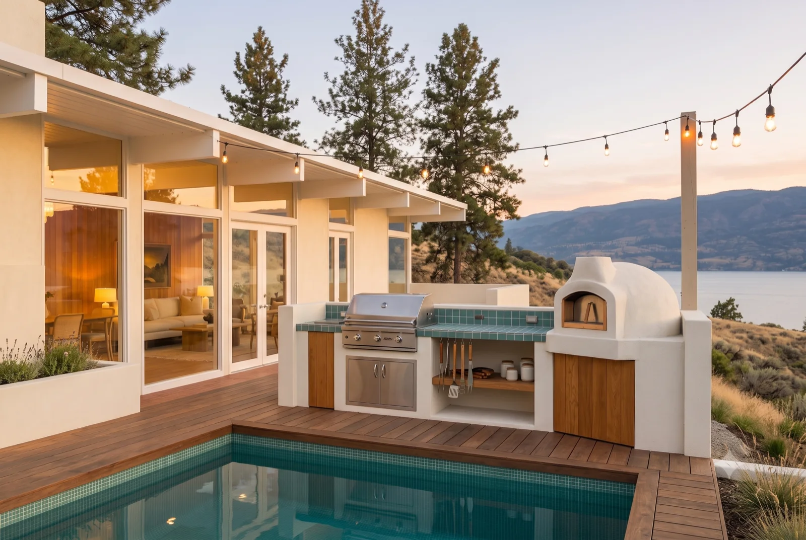The pool kitchen, A built-in grill and wood-fired oven beside the pool, counter set, the lake going pink.