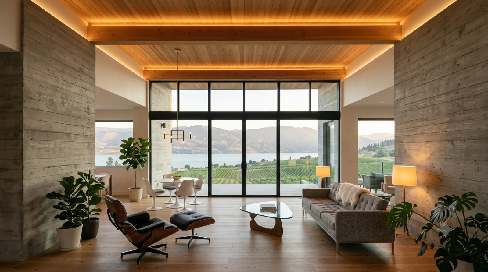 Lautner, Reimagined — Lautner's organic board-formed concrete and timber great room, rebuilt today over the Okanagan — a soaring cedar ceiling, a wall of glass to the lake, sculptural furniture