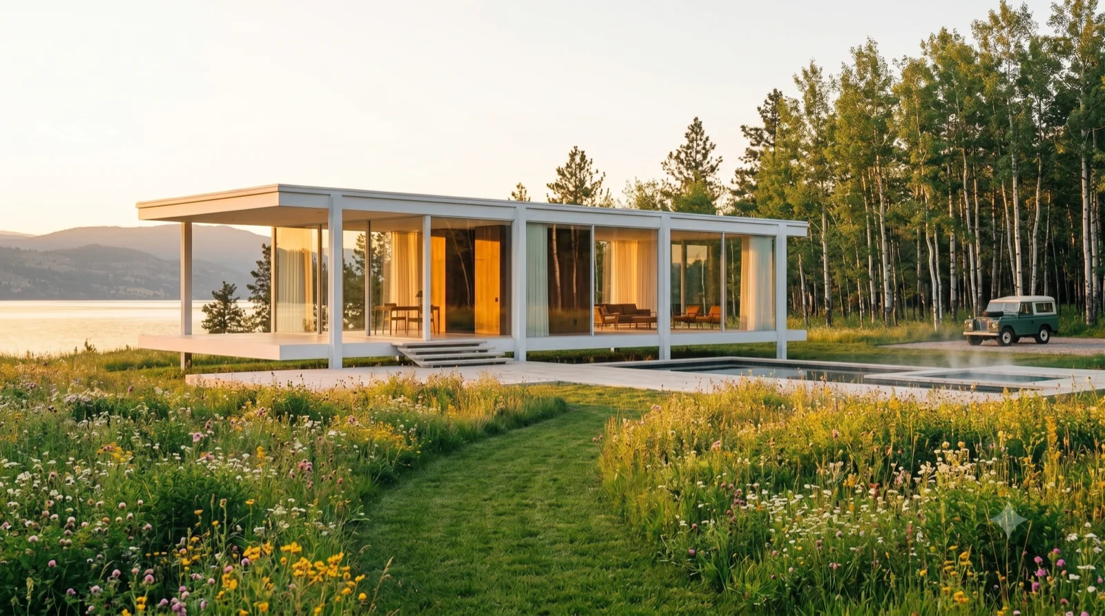 In the tall grass, A glass-and-white pavilion low in the meadow, the rig tucked under, the lake catching the last sun behind.