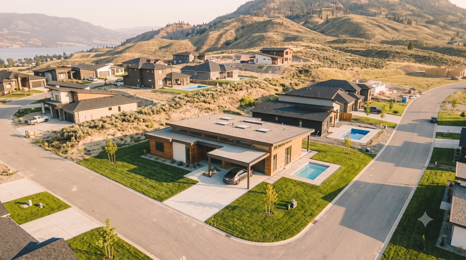 The Kettle Valley — a linear Eichler-spirit bungalow with deep eaves and a plunge pool, an open bay where a bedroom module bolts on later
