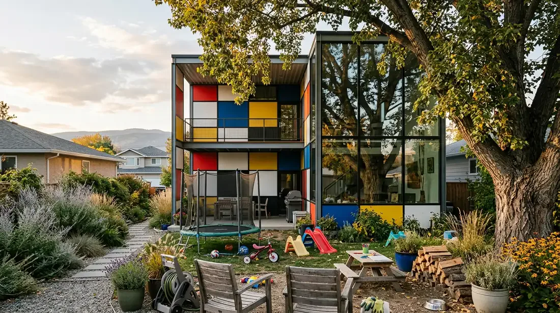Eames House, Narrow-Lot — rear courtyard under a cottonwood tree, De Stijl color-panel facade