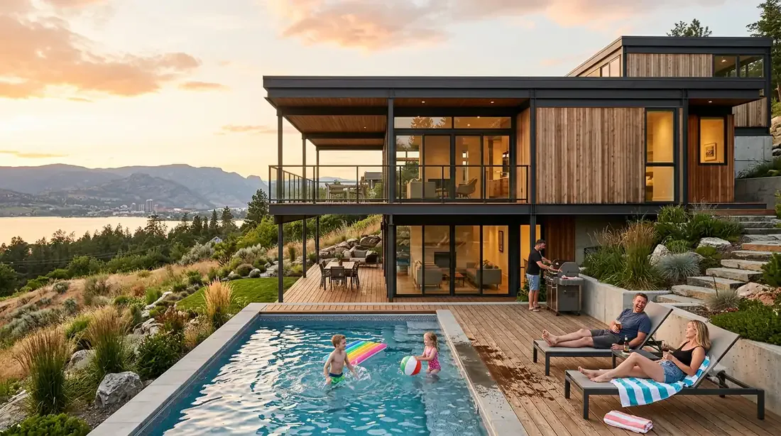 The Wilden Walk-Out — rear walk-out level and pool with a lake glimpse beyond, family backyard